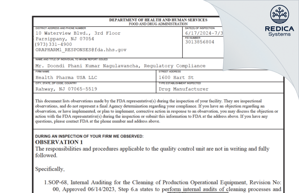 FDA 483 - Health Pharma USA LLC [Rahway / United States of America] - Download PDF - Redica Systems