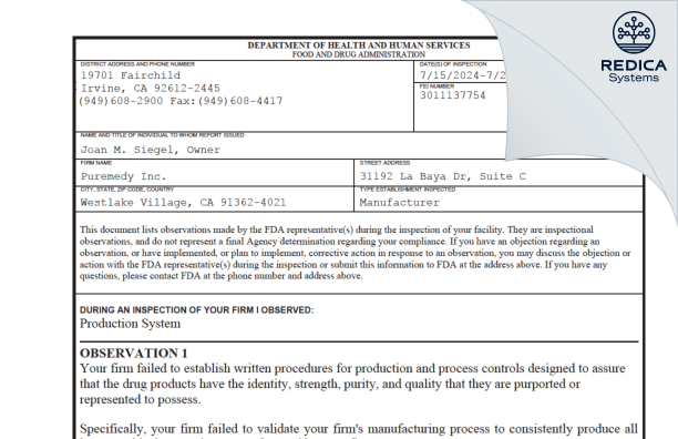 FDA 483 - PUREMEDY [Westlake Village / United States of America] - Download PDF - Redica Systems