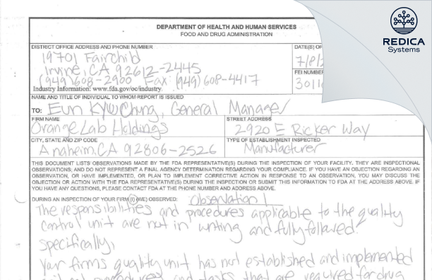 FDA 483 - Orange Lab [Anaheim / United States of America] - Download PDF - Redica Systems