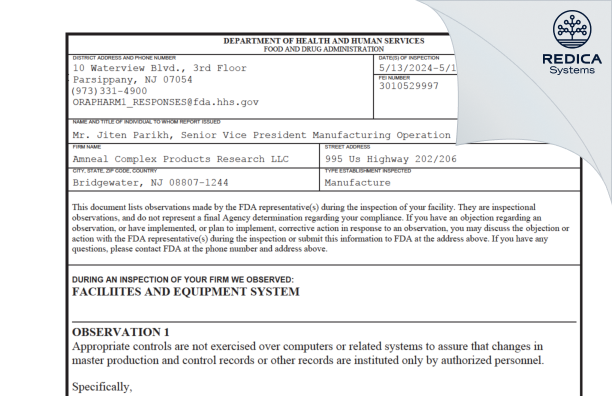 FDA 483 - Amneal Complex Products Research LLC [Bridgewater / United States of America] - Download PDF - Redica Systems