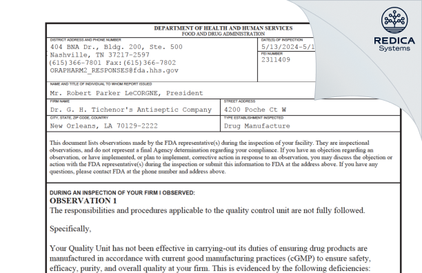 FDA 483 - Dr. G. H. Tichenor's Antiseptic Company [New Orleans / United States of America] - Download PDF - Redica Systems