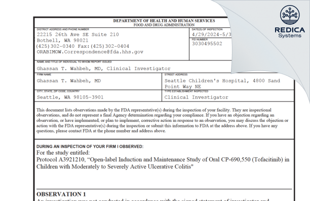 FDA 483 - Ghassan T. Wahbeh, MD [Seattle / United States of America] - Download PDF - Redica Systems