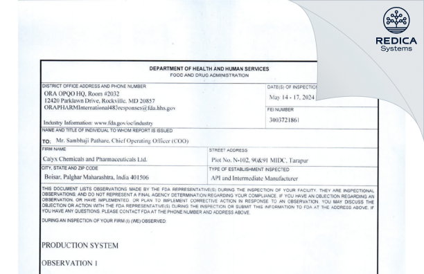 FDA 483 - Calyx Chemicals and Pharmaceuticals Limited [Boisar Rural / India] - Download PDF - Redica Systems