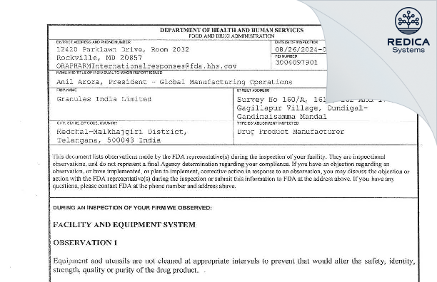 FDA 483 - Granules India Limited [Qutubullapur / India] - Download PDF - Redica Systems