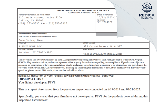 FDA 483 - A TRUE MOVE LLC [Houston / United States of America] - Download PDF - Redica Systems