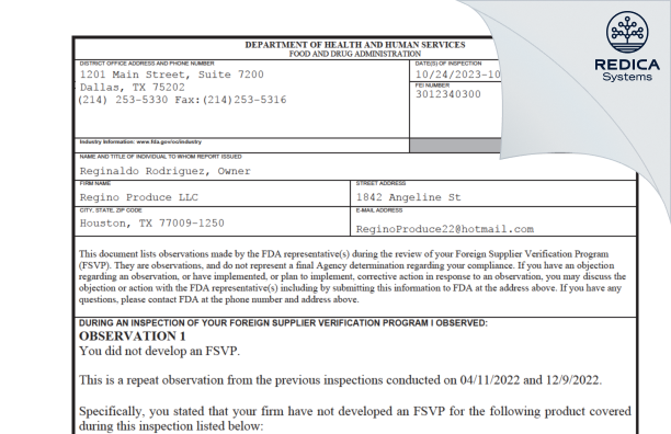 FDA 483 - Regino Produce LLC [Houston / United States of America] - Download PDF - Redica Systems