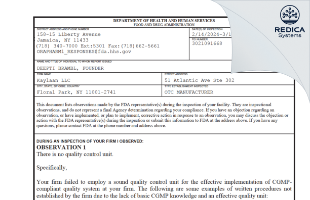 FDA 483 - Kaylaan LLC [Floral Park / United States of America] - Download PDF - Redica Systems