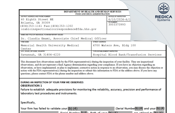 FDA 483 - Memorial Health University Medical Center [Savannah / United States of America] - Download PDF - Redica Systems