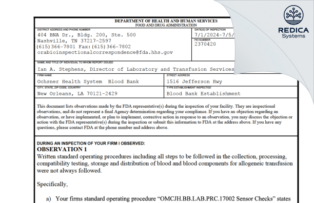 FDA 483 - Ochsner Health System Blood Bank [New Orleans / United States of America] - Download PDF - Redica Systems