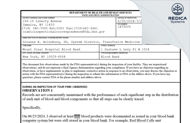 FDA 483 - Mount Sinai Hospital Blood Bank [New York / United States of America] - Download PDF - Redica Systems