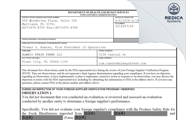 FDA 483 - ALWAYS FRESH FARMS LLC [Plant City / United States of America] - Download PDF - Redica Systems