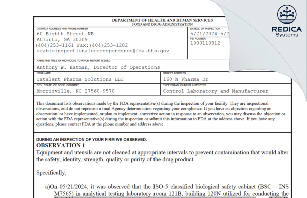 FDA 483 - Catalent Pharma Solutions, LLC [Morrisville / United States of America] - Download PDF - Redica Systems