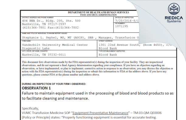 FDA 483 - Vanderbilt University Medical Center [Nashville / United States of America] - Download PDF - Redica Systems