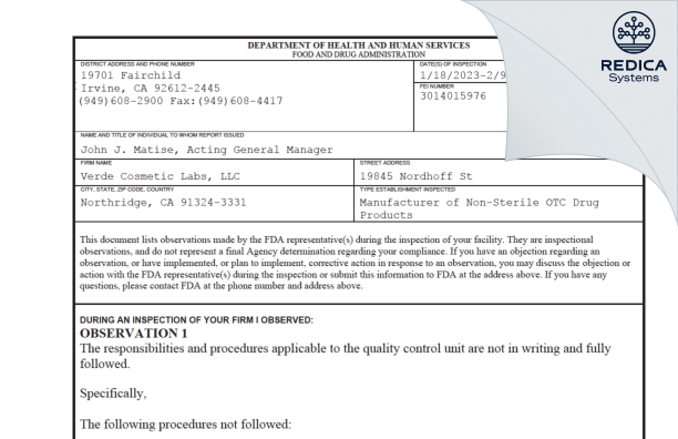 FDA 483 - Verde Cosmetics Labs, LLC [Northridge / United States of America] - Download PDF - Redica Systems