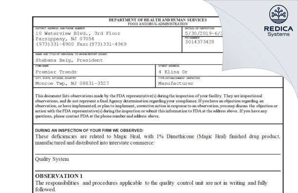 FDA 483 - Premier Trends LLC [Monroe Township / United States of America] - Download PDF - Redica Systems