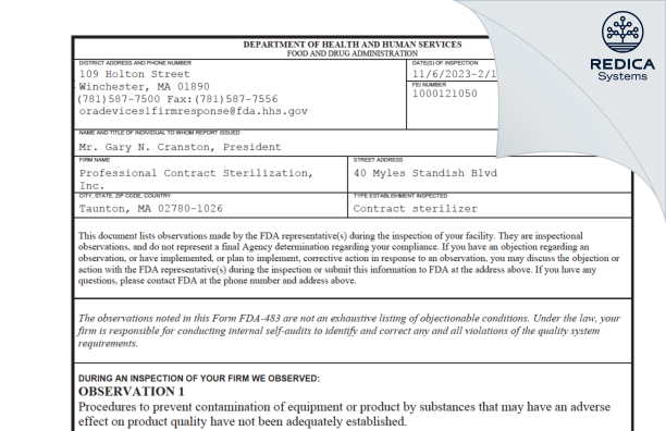 FDA 483 - Professional Contract Sterilization, Inc. [Taunton / United States of America] - Download PDF - Redica Systems