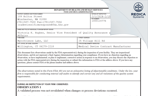 FDA 483 - MycoScience Labs, LLC [Willington / United States of America] - Download PDF - Redica Systems