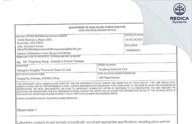 FDA 483 - Guang'an Kingday Pharma & Chem Co., Ltd [Wusheng / China] - Download PDF - Redica Systems