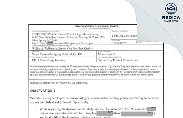 FDA 483 - Vetter Pharma Fertigung GmbH & Co. KG (Ravensburg Mooswiesen) [Ravensburg / Germany] - Download PDF - Redica Systems