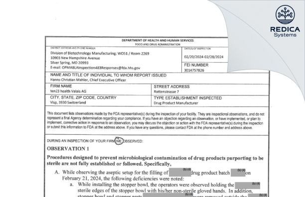 FDA 483 - ten23 health Valais AG [Visp / Switzerland] - Download PDF - Redica Systems