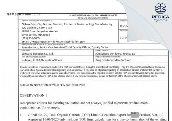 FDA 483 - Samsung Biologics Co., Ltd. [Incheon / Korea (Republic of)] - Download PDF - Redica Systems