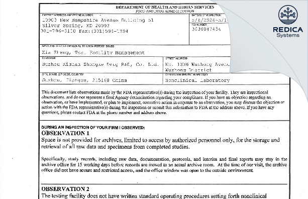 FDA 483 - Suzhou Xishan Zhongke Drug R&D, Co. Ltd. [Wuzhong / China] - Download PDF - Redica Systems