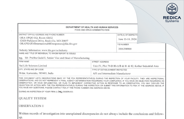 FDA 483 - Sai Life Sciences Limited [Bidar Sub-District / India] - Download PDF - Redica Systems