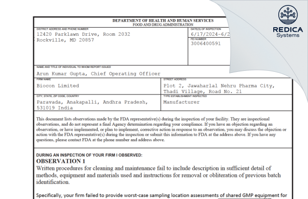 FDA 483 - BIOCON LIMITED [Paravada / India] - Download PDF - Redica Systems