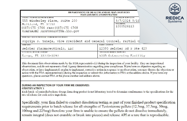 FDA 483 - Belcher Pharmaceuticals, LLC [Largo / United States of America] - Download PDF - Redica Systems