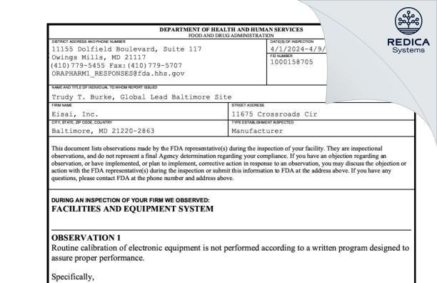 FDA 483 - Eisai Inc. [Middle River / United States of America] - Download PDF - Redica Systems