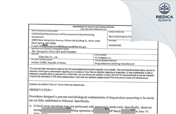 FDA 483 - STgen Bio Co., Ltd. [Incheon / Korea (Republic of)] - Download PDF - Redica Systems