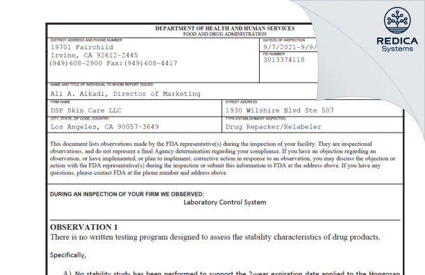 FDA 483 - DSP Skin Care LLC [Los Angeles / United States of America] - Download PDF - Redica Systems