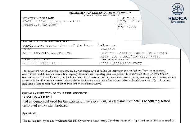 FDA 483 - Joinn Laboratories Co. Ltd. [Beijing / China] - Download PDF - Redica Systems