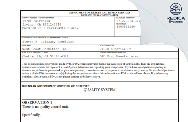 FDA 483 - West Coast Cosmetics Inc [Chatsworth / United States of America] - Download PDF - Redica Systems