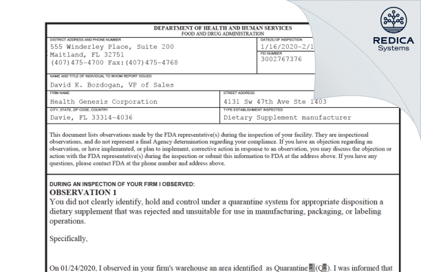 FDA 483 - Health Genesis Corporation [Davie / United States of America] - Download PDF - Redica Systems