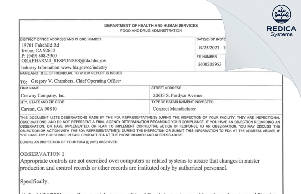 FDA 483 - Cosway Company, Inc. [Long Beach / United States of America] - Download PDF - Redica Systems