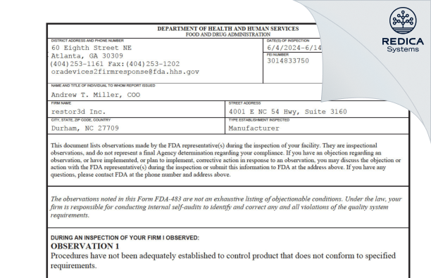 FDA 483 - restor3d Inc. [Durham / United States of America] - Download PDF - Redica Systems