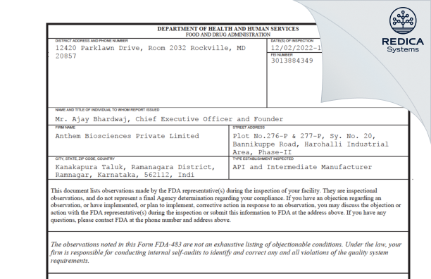 FDA 483 - Anthem Biosciences Private Limited [Kanakapura / India] - Download PDF - Redica Systems