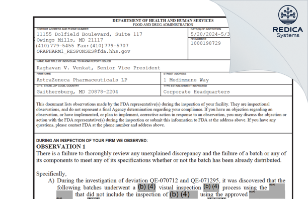 FDA 483 - AstraZeneca Pharmaceuticals LP [Gaithersburg / United States of America] - Download PDF - Redica Systems