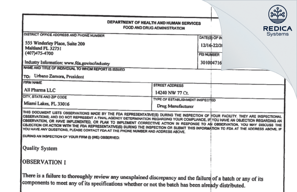 FDA 483 - All Pharma, LLC [Hialeah / United States of America] - Download PDF - Redica Systems