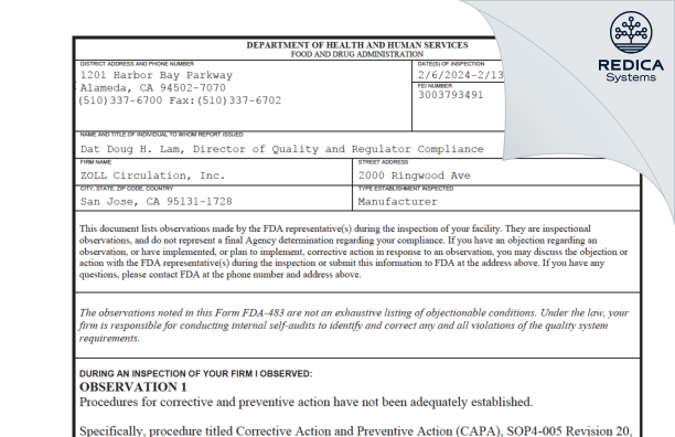 FDA 483 - ZOLL Circulation, Inc. [San Jose / United States of America] - Download PDF - Redica Systems