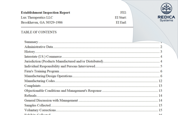 EIR - Lux Therapeutics LLC [Brookhaven / United States of America] - Download PDF - Redica Systems