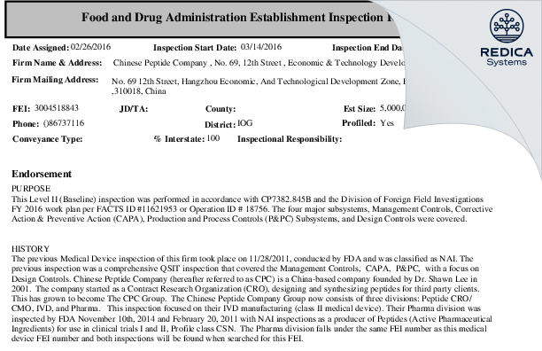 EIR - Chinese Peptide Company [Hangzhou / China] - Download PDF - Redica Systems