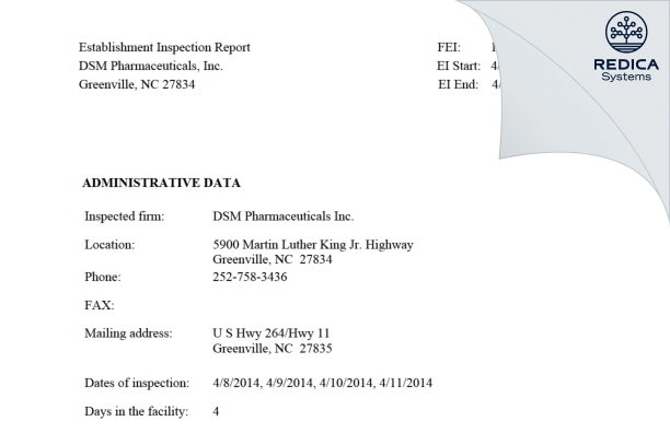 EIR - Patheon Manufacturing Services LLC [Greenville / United States of America] - Download PDF - Redica Systems