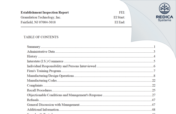 EIR - GRANULATION TECHNOLOGY, INC. [Fairfield / United States of America] - Download PDF - Redica Systems