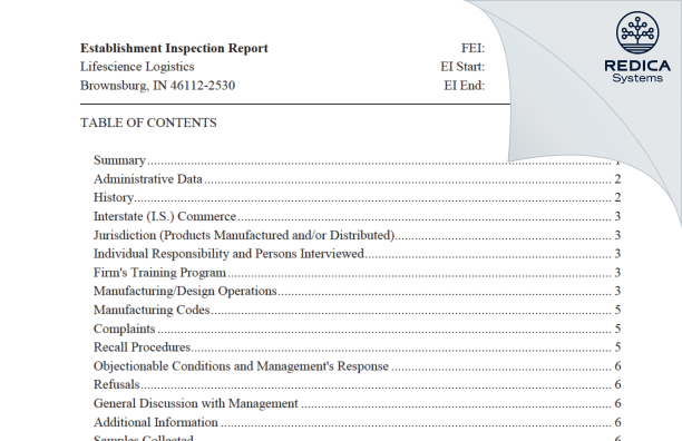 EIR - Life Science Logistics LLC [Brownsburg / United States of America] - Download PDF - Redica Systems