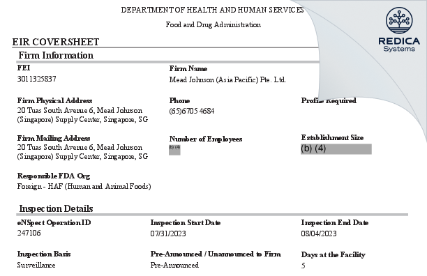 EIR - Mead Johnson (Asia Pacific) Pte. Ltd. [Singapore / Singapore] - Download PDF - Redica Systems