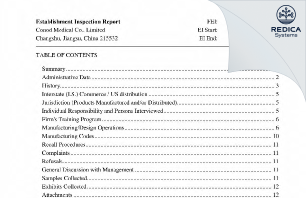 EIR - Conod Medical Co., Limited [Changshu / China] - Download PDF - Redica Systems