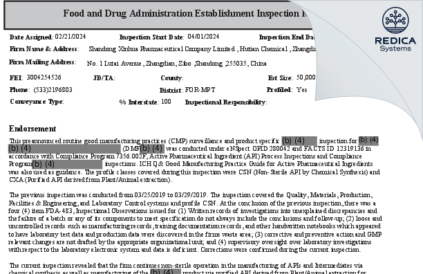 EIR - Shandong Xinhua Pharmaceutical Co., Ltd. Hutian Branch [Zibo / China] - Download PDF - Redica Systems