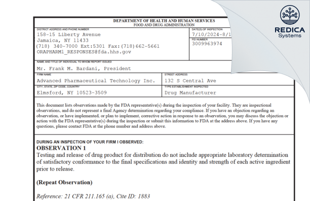 FDA 483 - Advanced Pharmaceutical Technology, Inc. [Elmsford / United States of America] - Download PDF - Redica Systems